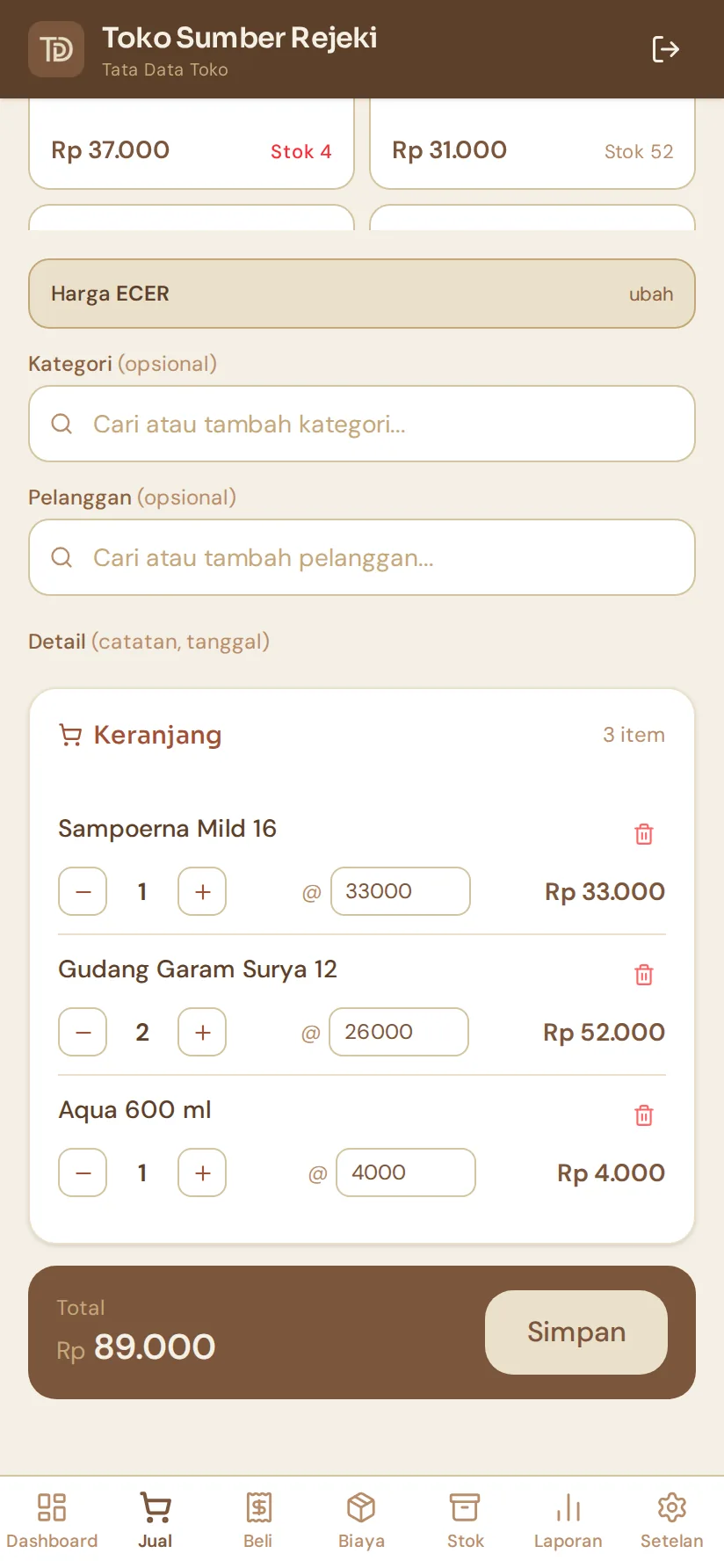 Kasir: daftar barang, pilihan ecer atau grosir, keranjang dan total