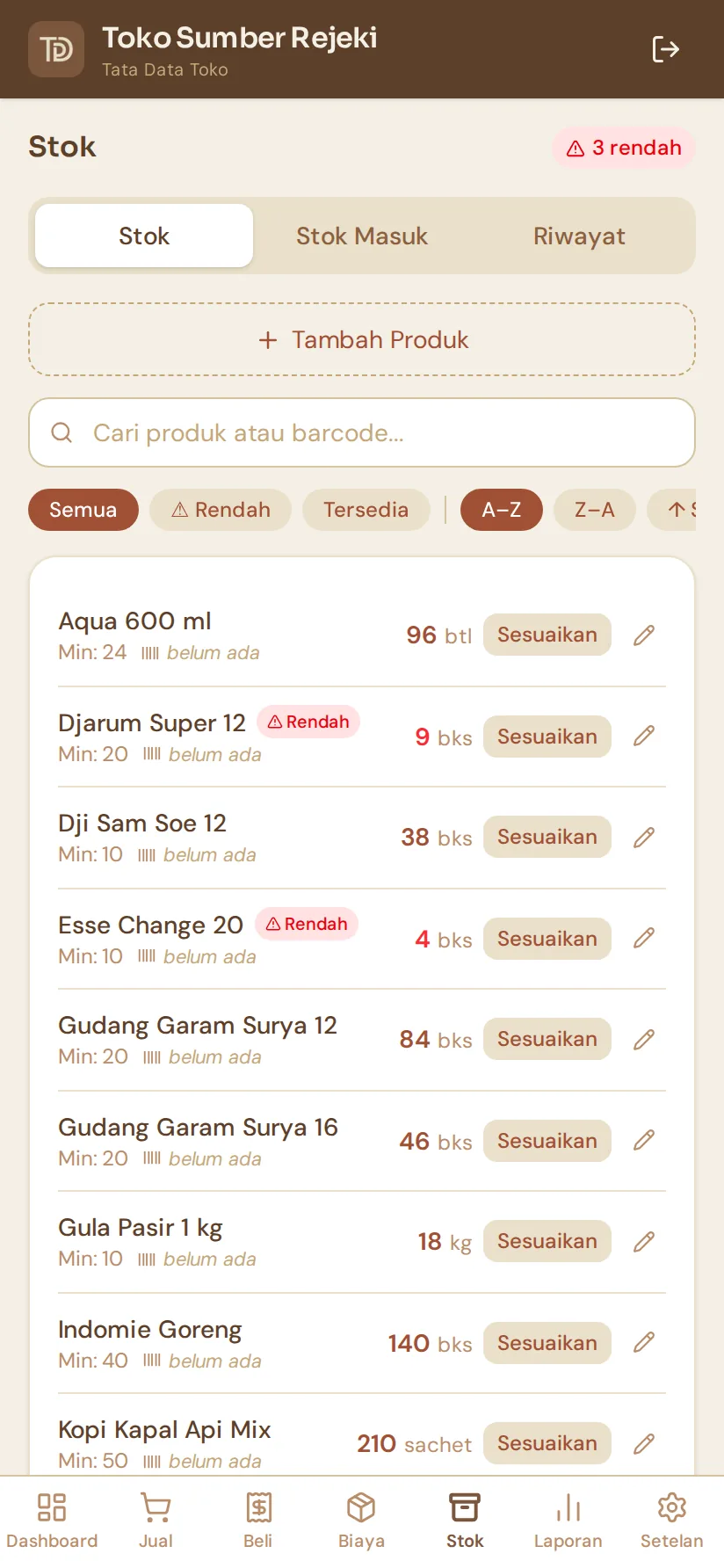 Halaman stok: daftar barang dan sisa stoknya